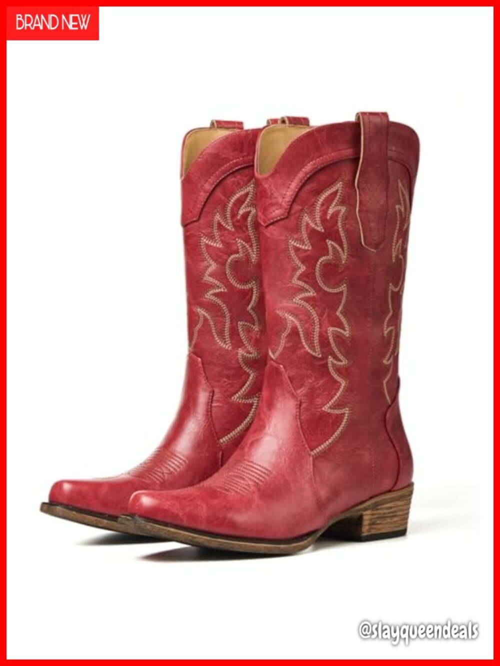 Chunky Heel Western Cowboy Boots Faux Leather Mid-Calf Pull-On